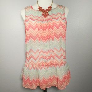 ELLE Women’s Sheer Chevron Drop Waist Peplum Blouse Top Size Medium